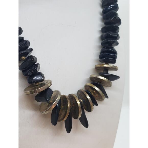 Chunky Black Onyx Statement Necklace Metal Discs Spikes Silver Plated Beads Boho - Picture 8 of 14